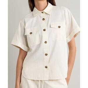 Frame Cotton Linen Blend Patch Pocket Utility Cropped Short Sleeve Top Cream XS